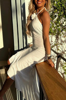 Load image into Gallery viewer, White Sheath Halter High-Low Ruffled Maxi Birthday Dress with 3D Flower