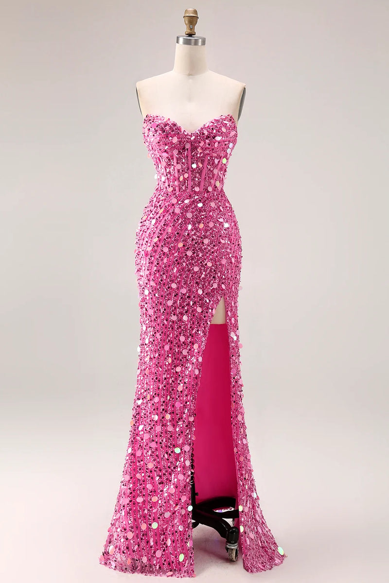 Load image into Gallery viewer, Sparkly Red Strapless Corset Long Sequin Prom Dress with Slit