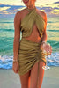 Load image into Gallery viewer, Gold Bodycon Halter Cut Out Ruched Mini Birthday Dress