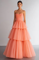 Load image into Gallery viewer, Light Orange Organza Strapless Tiered A Line Long Prom Dress