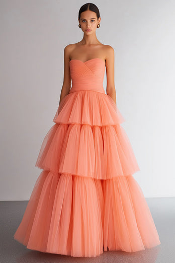 Queendancer Women Light Orange Organza Long Prom Dress Strapless Ruffled A  Line Tiered Masquerade Dress – queendanceruk
