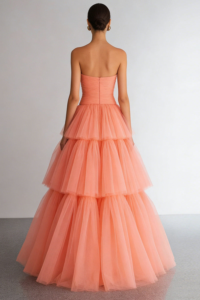Load image into Gallery viewer, Light Orange Organza Strapless Tiered A Line Long Prom Dress