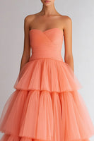 Load image into Gallery viewer, Light Orange Organza Strapless Tiered A Line Long Prom Dress