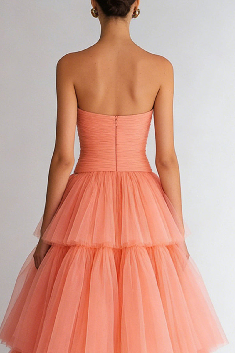 Load image into Gallery viewer, Light Orange Organza Strapless Tiered A Line Long Prom Dress