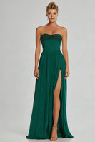 Load image into Gallery viewer, Simple Dark Green Sheath Strapless Beaded Long Prom Dress with Slit