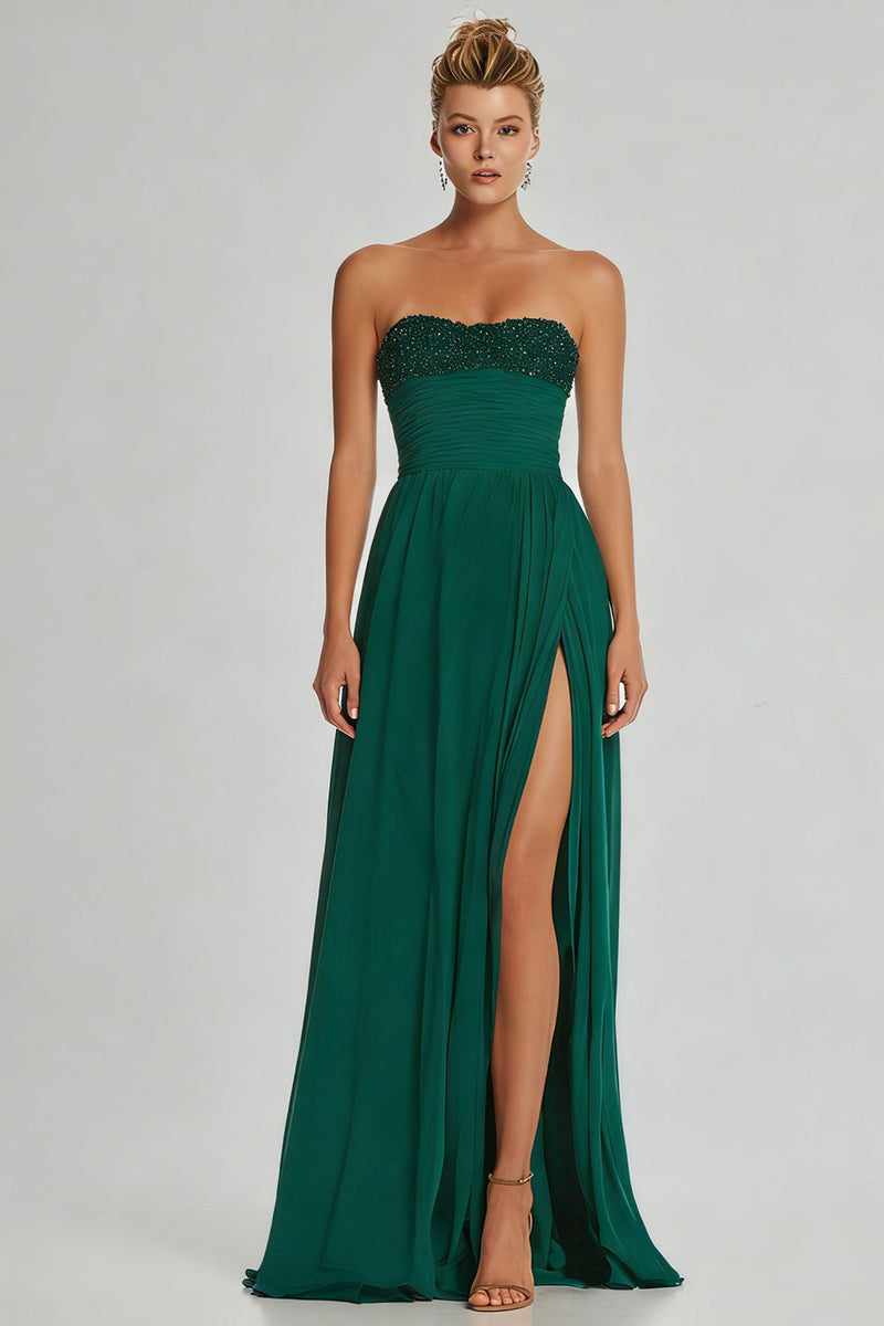 Load image into Gallery viewer, Simple Dark Green Sheath Strapless Beaded Long Prom Dress with Slit