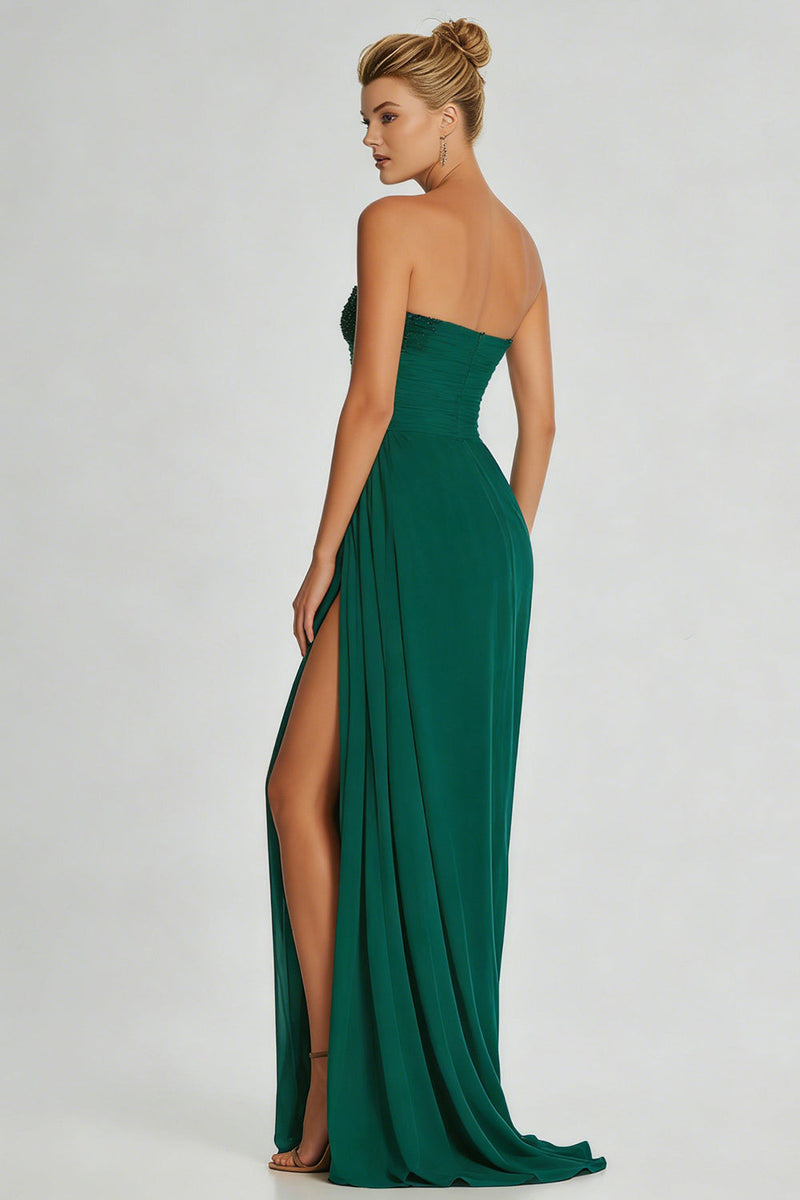 Load image into Gallery viewer, Simple Dark Green Sheath Strapless Beaded Long Prom Dress with Slit
