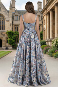 Floral Blue Thick Straps Corset A Line Long Prom Dress with Slit
