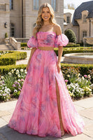 Load image into Gallery viewer, 2 Piece Pink Floral A Line Off the Shoulder Long Prom Dress with Slit