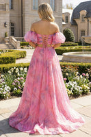 Load image into Gallery viewer, 2 Piece Pink Floral A Line Off the Shoulder Long Prom Dress with Slit