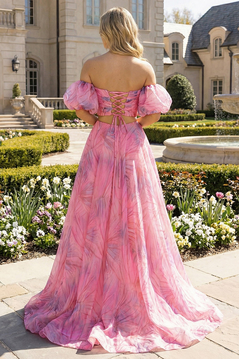 Load image into Gallery viewer, 2 Piece Pink Floral A Line Off the Shoulder Long Prom Dress with Slit