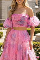 Load image into Gallery viewer, 2 Piece Pink Floral A Line Off the Shoulder Long Prom Dress with Slit