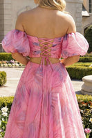 Load image into Gallery viewer, 2 Piece Pink Floral A Line Off the Shoulder Long Prom Dress with Slit