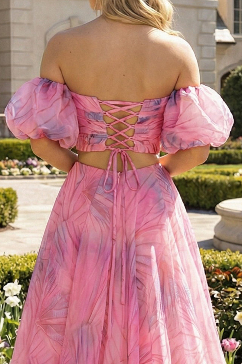 Load image into Gallery viewer, 2 Piece Pink Floral A Line Off the Shoulder Long Prom Dress with Slit