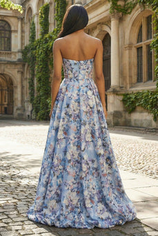 Blue Floral Corset Strapless A Line Long Prom Dress