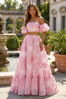 Load image into Gallery viewer, Floral Pink 2 Piece A Line Off the Shoulder Long Prom Dress