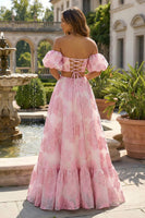 Load image into Gallery viewer, Floral Pink 2 Piece A Line Off the Shoulder Long Prom Dress