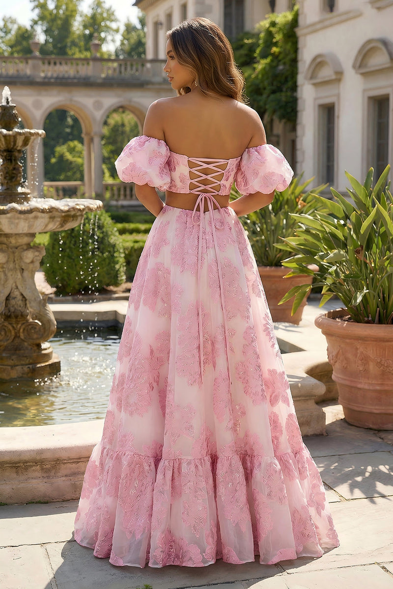 Load image into Gallery viewer, Floral Pink 2 Piece A Line Off the Shoulder Long Prom Dress