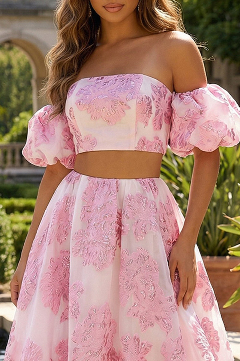 Load image into Gallery viewer, Floral Pink 2 Piece A Line Off the Shoulder Long Prom Dress