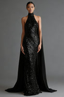 Load image into Gallery viewer, Sparkly Mermaid Black Sequins High Neck Long Formal Dress with Cape