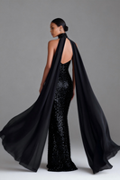 Load image into Gallery viewer, Sparkly Mermaid Black Sequins High Neck Long Formal Dress with Cape