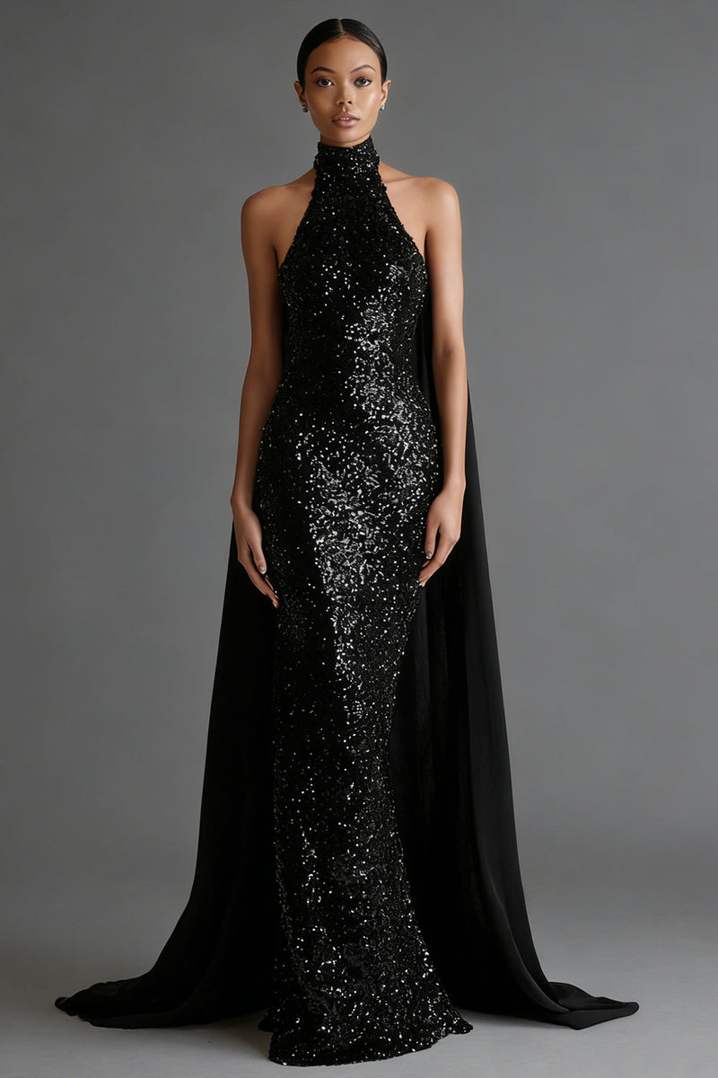Load image into Gallery viewer, Sparkly Mermaid Black Sequins High Neck Long Formal Dress with Cape