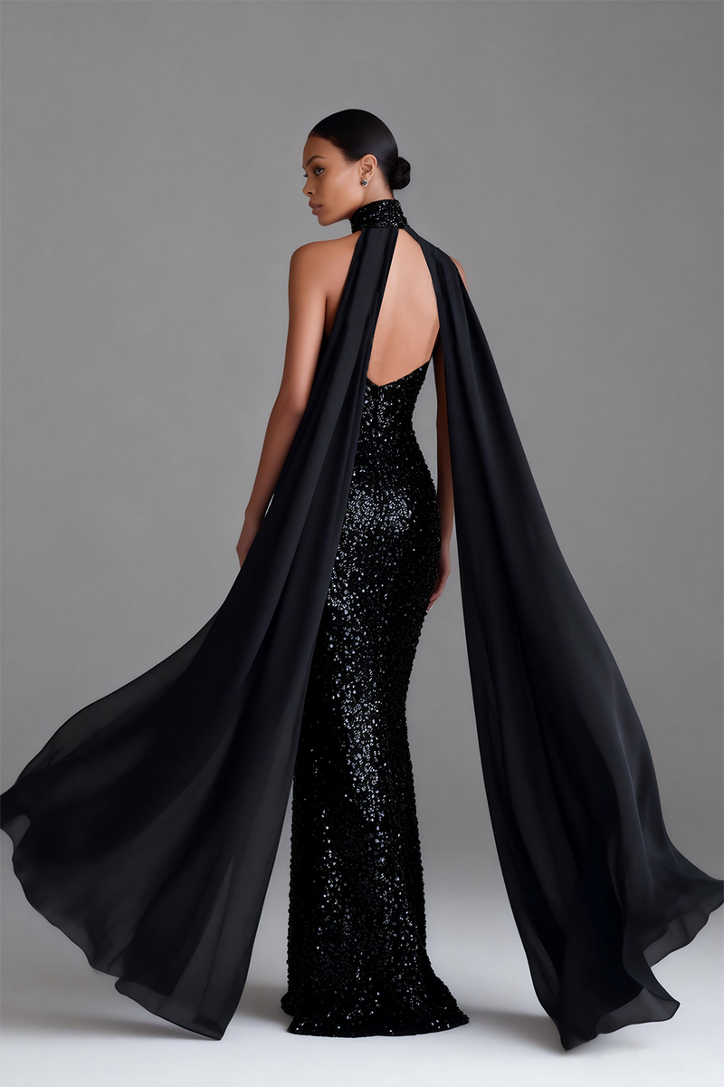 Load image into Gallery viewer, Sparkly Mermaid Black Sequins High Neck Long Formal Dress with Cape
