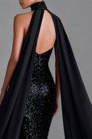 Load image into Gallery viewer, Sparkly Mermaid Black Sequins High Neck Long Formal Dress with Cape