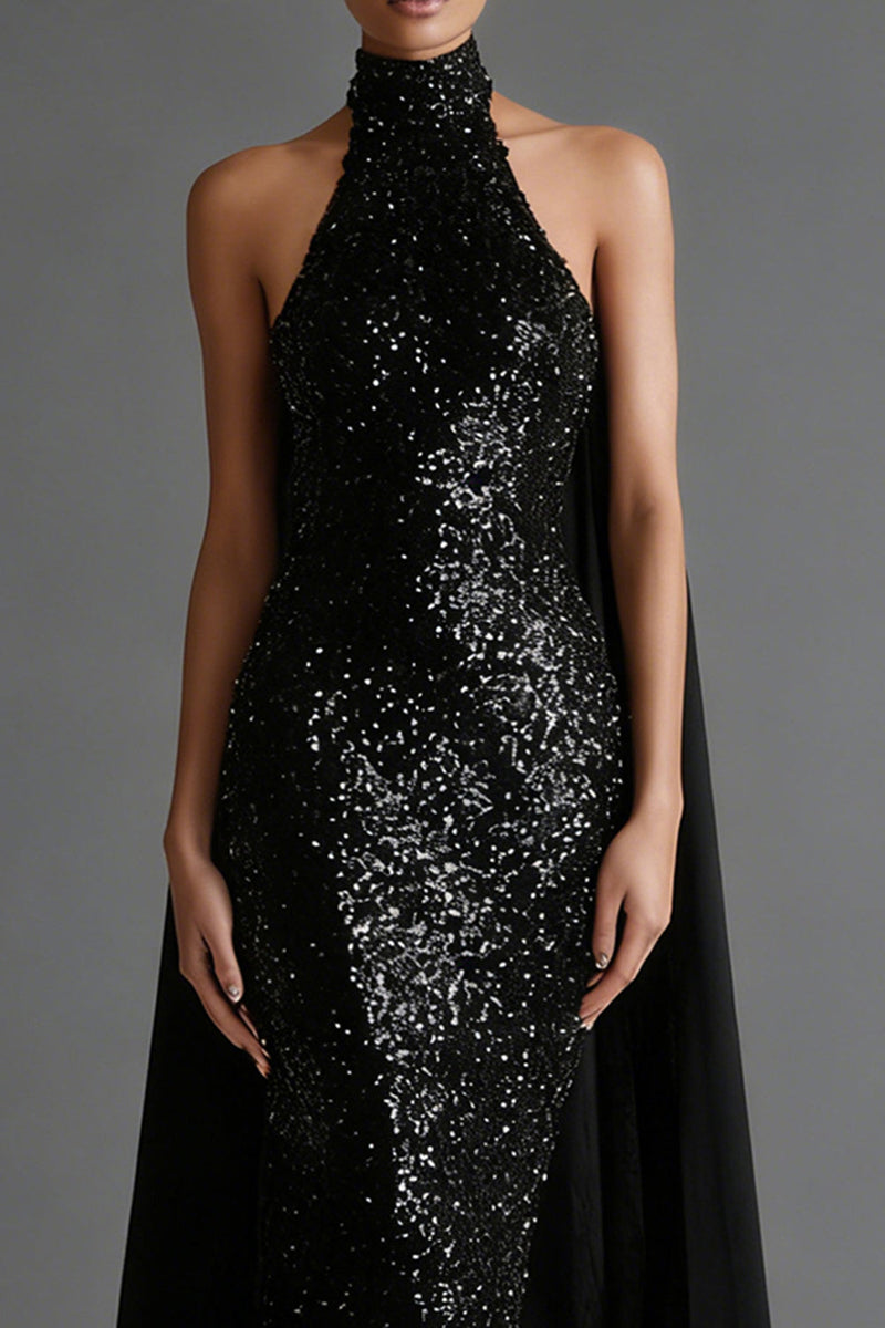 Load image into Gallery viewer, Sparkly Mermaid Black Sequins High Neck Long Formal Dress with Cape