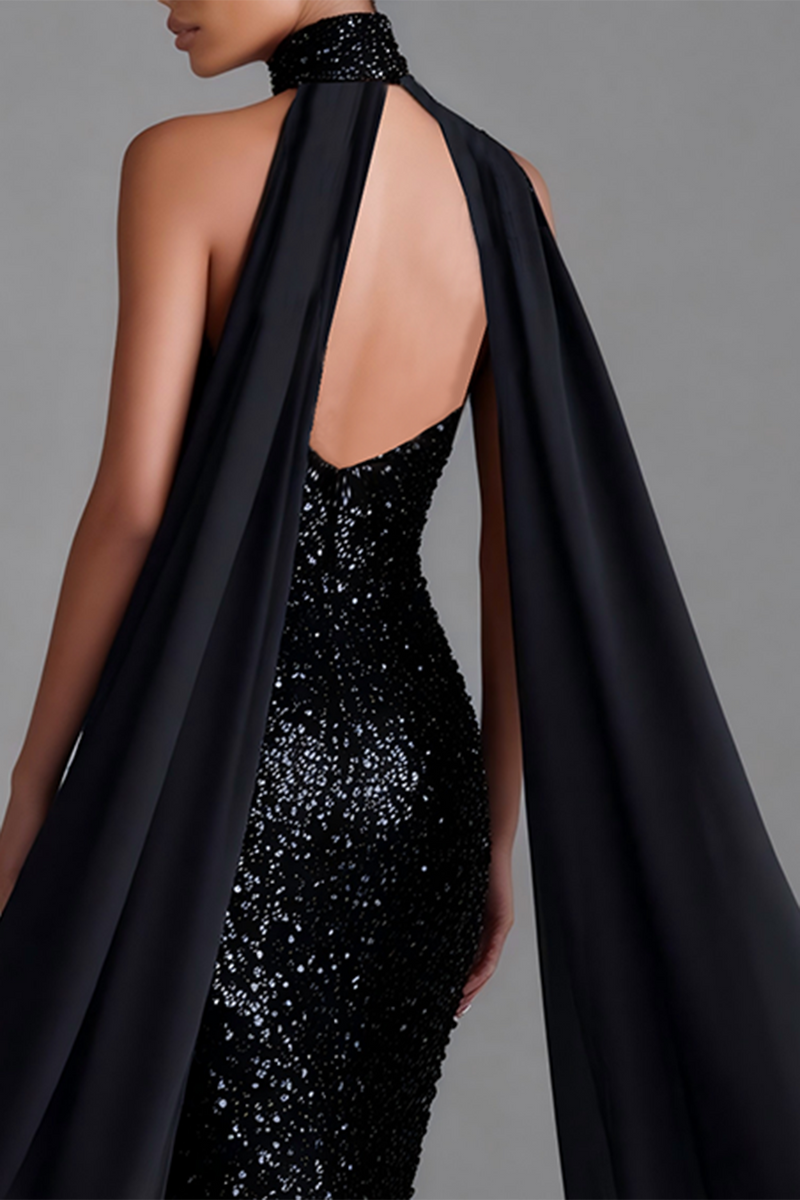 Load image into Gallery viewer, Sparkly Mermaid Black Sequins High Neck Long Formal Dress with Cape