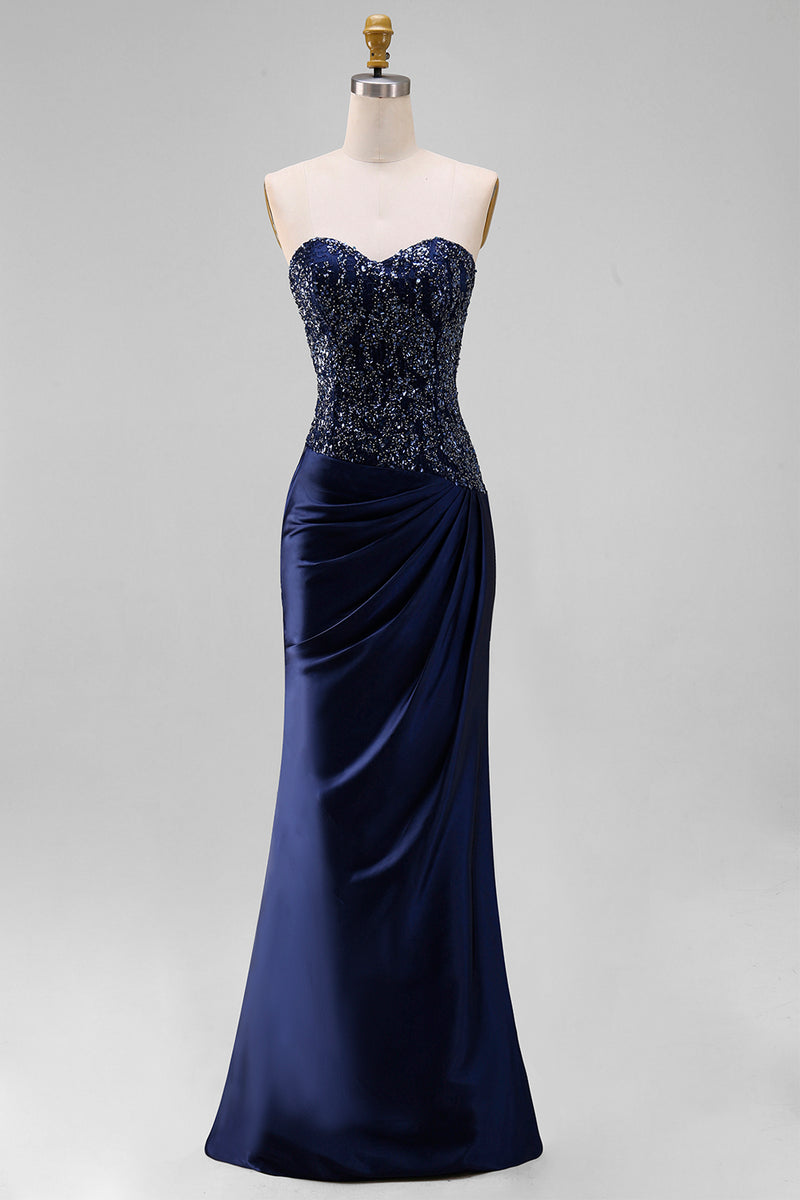 Load image into Gallery viewer, Sparkly Navy Mermaid Beaded Sweetheart Long Formal Dress