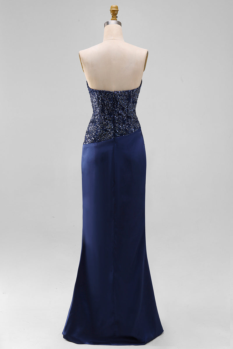 Load image into Gallery viewer, Sparkly Navy Mermaid Beaded Sweetheart Long Formal Dress