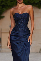 Load image into Gallery viewer, Sparkly Navy Mermaid Beaded Sweetheart Long Formal Dress