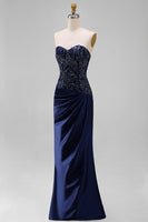 Load image into Gallery viewer, Sparkly Navy Mermaid Beaded Sweetheart Long Formal Dress