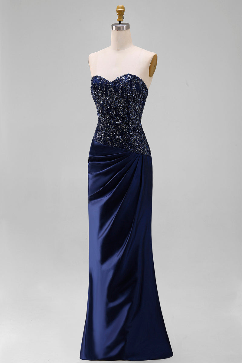 Load image into Gallery viewer, Sparkly Navy Mermaid Beaded Sweetheart Long Formal Dress