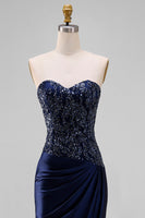 Load image into Gallery viewer, Sparkly Navy Mermaid Beaded Sweetheart Long Formal Dress