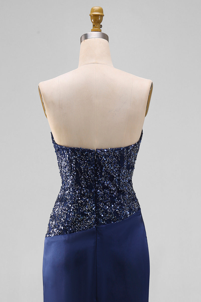 Load image into Gallery viewer, Sparkly Navy Mermaid Beaded Sweetheart Long Formal Dress
