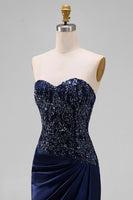 Load image into Gallery viewer, Sparkly Navy Mermaid Beaded Sweetheart Long Formal Dress