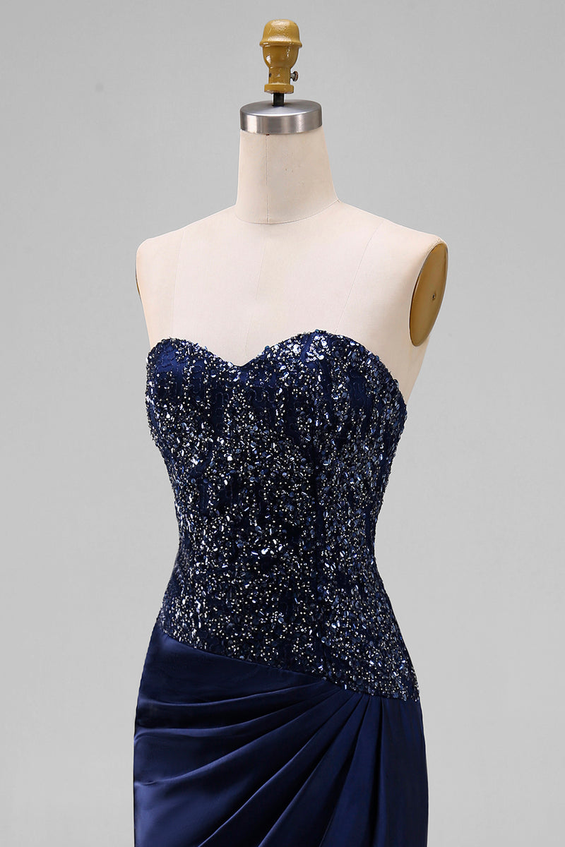 Load image into Gallery viewer, Sparkly Navy Mermaid Beaded Sweetheart Long Formal Dress