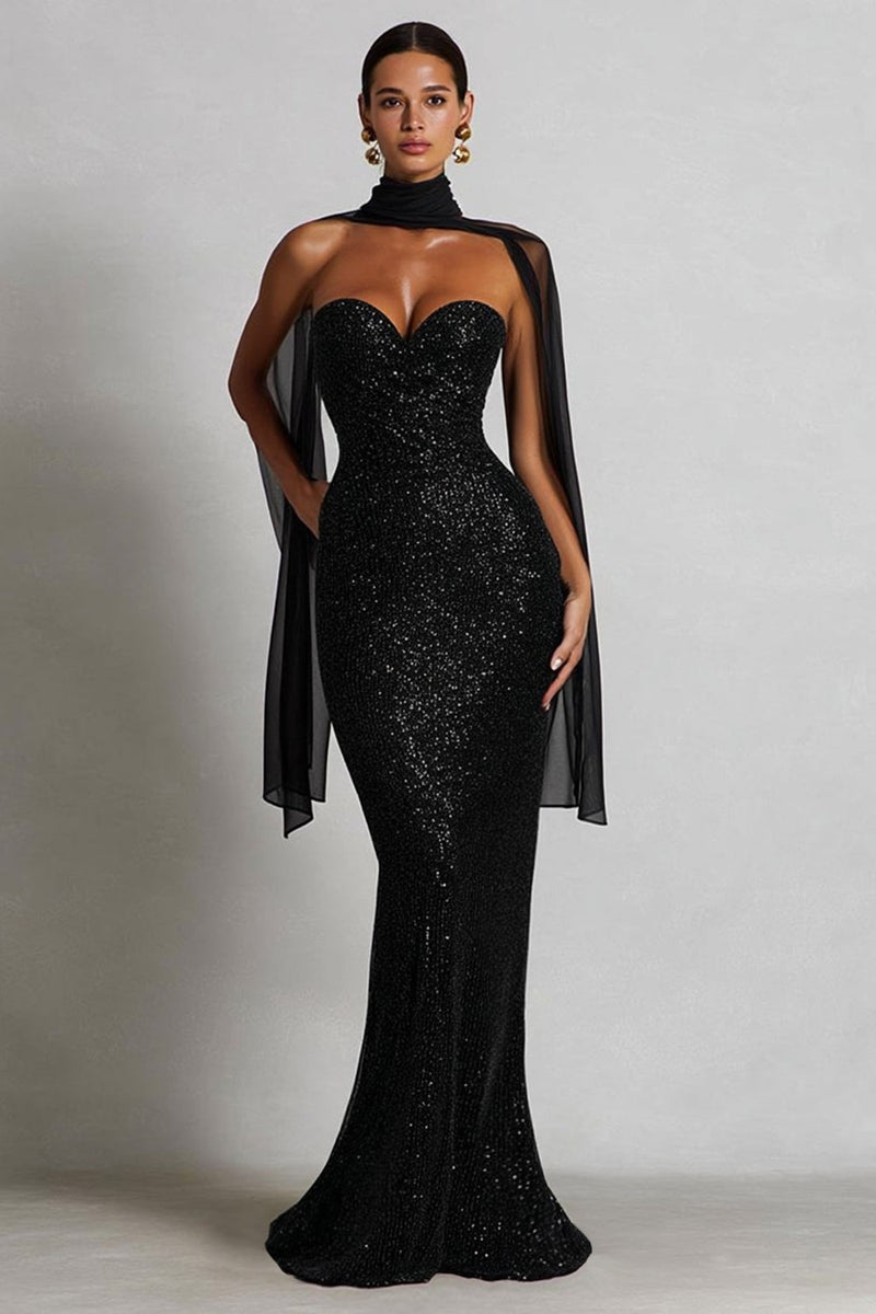 Load image into Gallery viewer, Sparkly Sequins Black Sweetheart Neck Scarf Long Mermaid Formal Dress