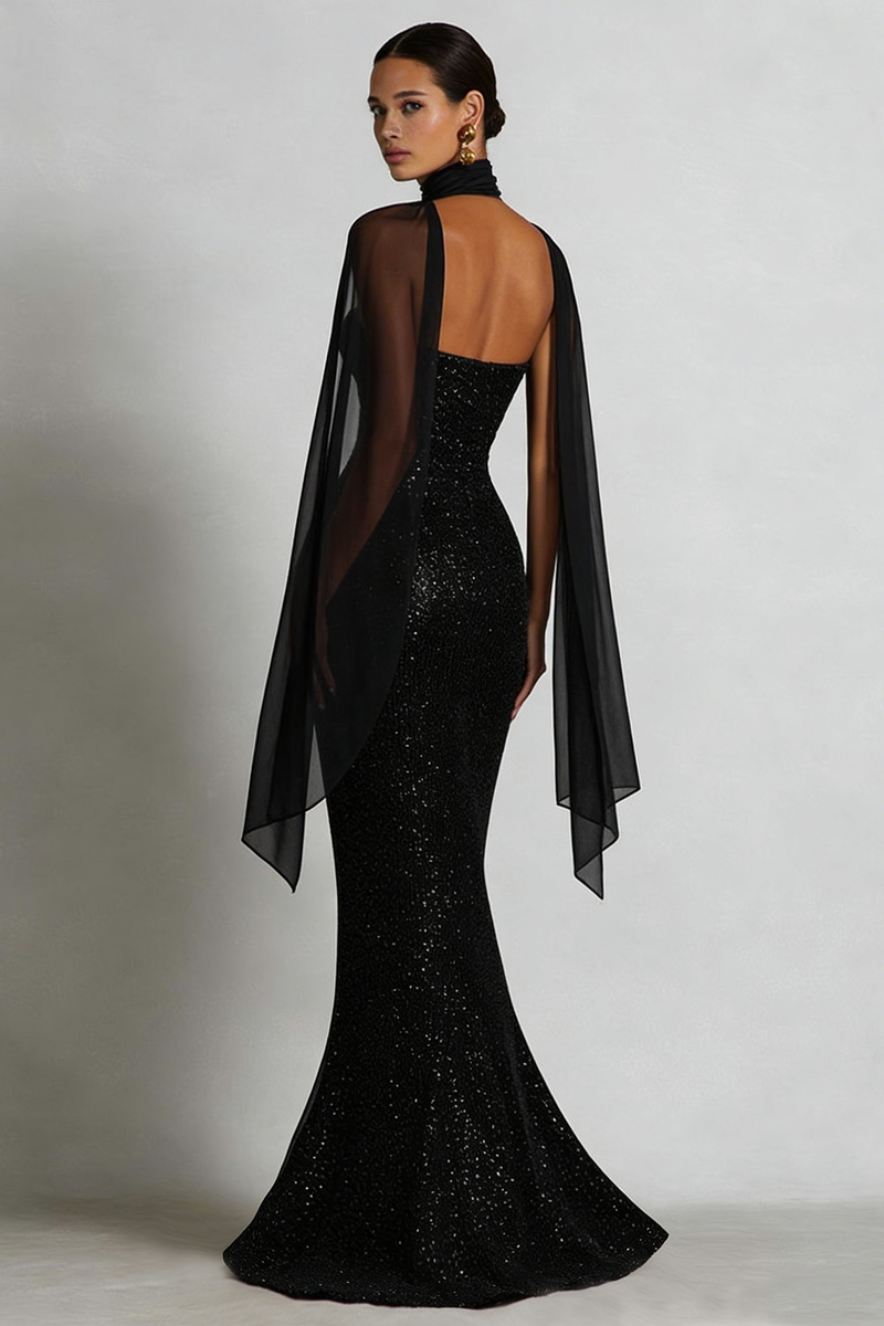 Load image into Gallery viewer, Sparkly Sequins Black Sweetheart Neck Scarf Long Mermaid Formal Dress