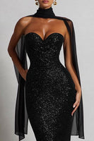 Load image into Gallery viewer, Sparkly Sequins Black Sweetheart Neck Scarf Long Mermaid Formal Dress