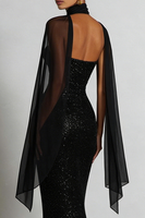 Load image into Gallery viewer, Sparkly Sequins Black Sweetheart Neck Scarf Long Mermaid Formal Dress