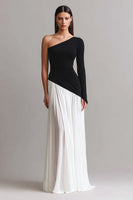 Load image into Gallery viewer, Black and White Sheath One Shoulder Long Formal Dress with Sleeves