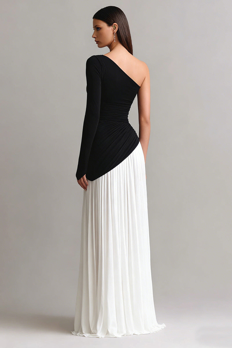 Load image into Gallery viewer, Black and White Sheath One Shoulder Long Formal Dress with Sleeves