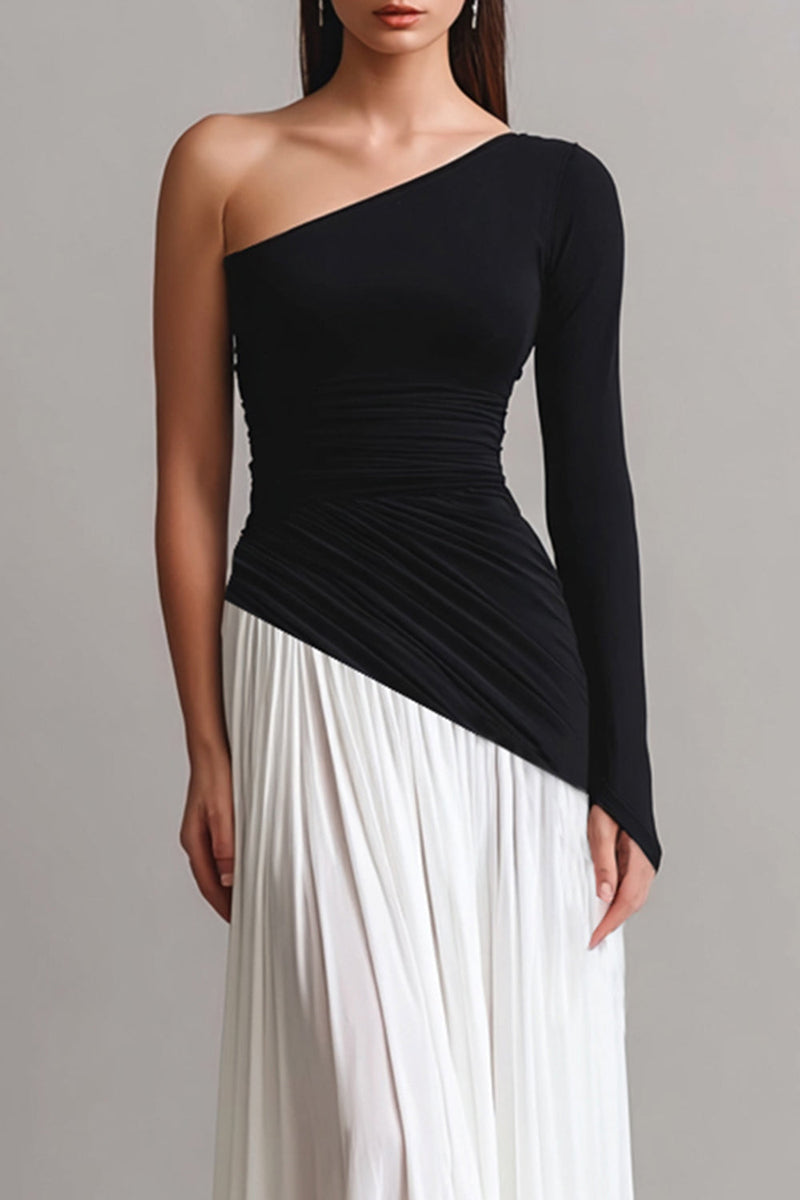 Load image into Gallery viewer, Black and White Sheath One Shoulder Long Formal Dress with Sleeves