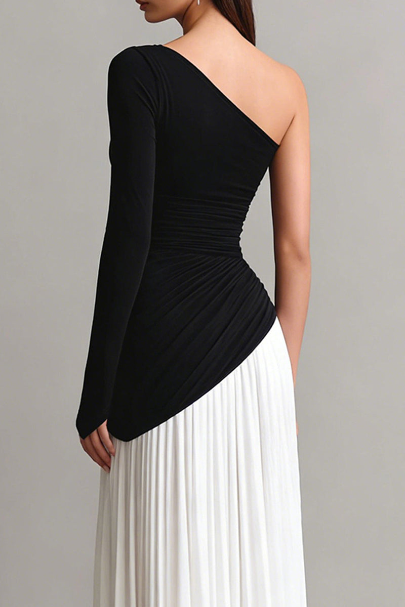 Load image into Gallery viewer, Black and White Sheath One Shoulder Long Formal Dress with Sleeves