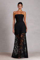 Load image into Gallery viewer, Black Lace Sheath Strapless Long Formal Dress