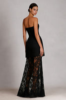 Load image into Gallery viewer, Black Lace Sheath Strapless Long Formal Dress
