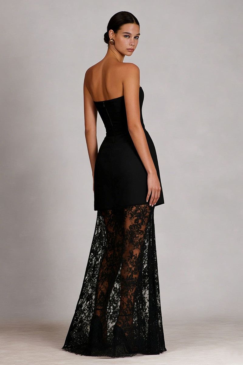 Load image into Gallery viewer, Black Lace Sheath Strapless Long Formal Dress